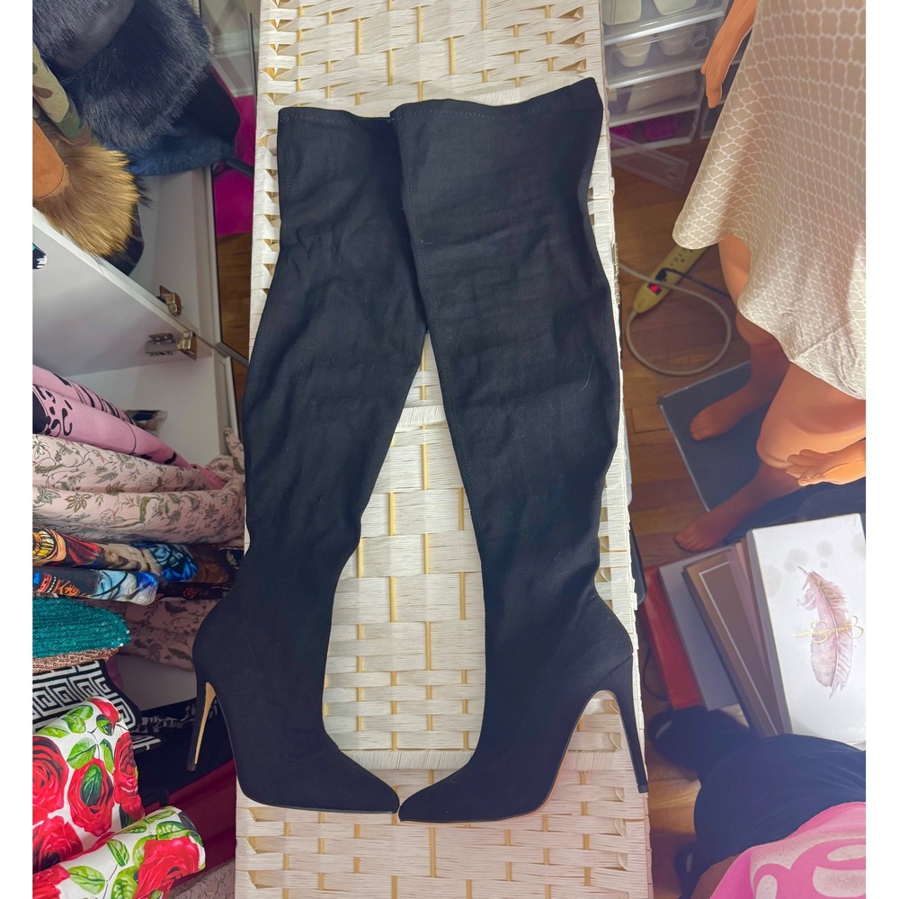 Black Jean Stretch Thigh High Boots Stiletto Heel Sleek Minimal Chic Club Work